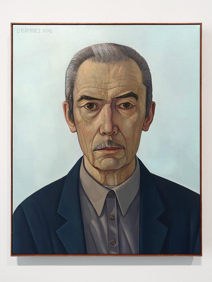 Zelfportret uit het museum More van de schilder Theo l'Herminez in een bijna hyperrealistische stijl. De man kijkt de bezoeker aan met een vaste blik. Alle elementen in het gezicht zijn hard en uitgesproken weergegeven in lijn en terughoudend kleurenpalet. Hierdoor ontleent dit portret zijn kracht.