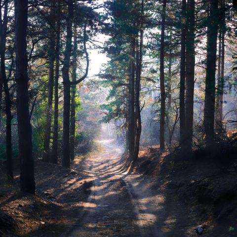 Photo of a path leading out of the forest into bright daylight.
