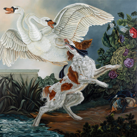 A painting by Sabrina Bockler of a two-headed goose being grabbed by the foot by a hunting dog, surrounded by flowers