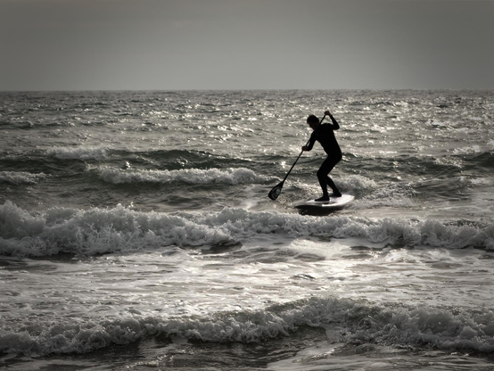Un homme fait du paddle sur des petites vagues. Image en noir et blanc et à contre jour.