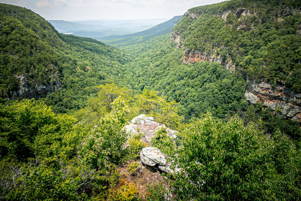 A scenic mountain vista viewed from a rocky overlook shows a deep V-shaped valley carved between steep, forested ridges. The foreground features large weathered boulders and bright green deciduous trees at the cliff edge. Dense forest covers the mountainsides, which display exposed rock faces and cliff bands along the right ridge. The valley opens to reveal distant mountain ranges fading into a hazy blue horizon under a partly cloudy sky. The lush vegetation and verdant canopy suggest late spring or summer conditions.