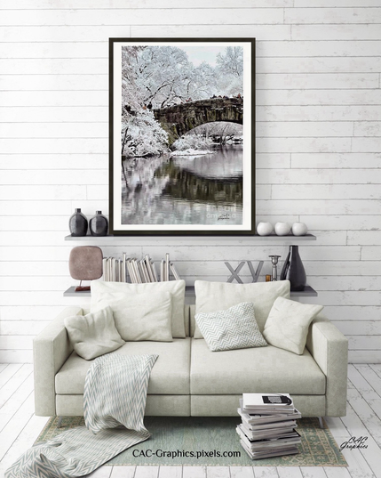 Snow Covered Central Park Bridge framed in living room 