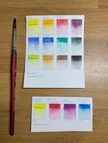 Closeup photo of InkTense watercolor paint swatches compared to acrylic ink swatches