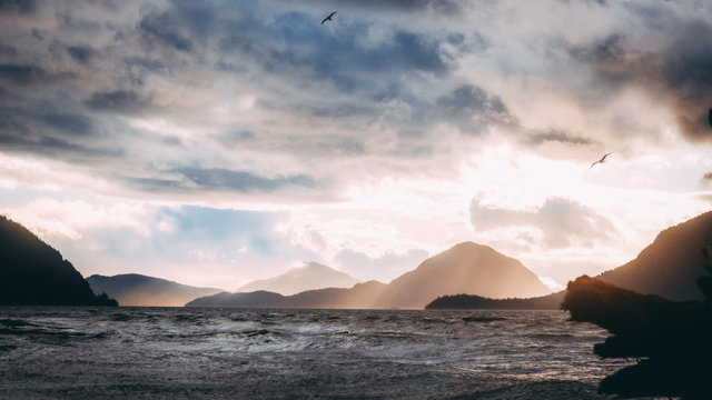 the ocean (Howe Sound) near a place called Furry Creek in BC at sunset with dramatic clouds and birds flying around
