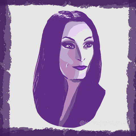 Painting of Morticia Addams from the Addams Family movies in purple. The @joyousjoyfuljoyness watermark is at the bottom right.