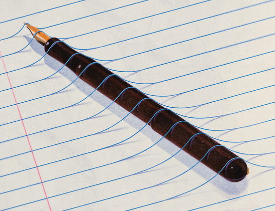 A surrealist artwork or digital illustration showing a fountain pen lying on a piece of lined notebook paper. The blue horizontal lines of the paper appear to be physical 3D strings that are draped over and tucked under the body of the pen.