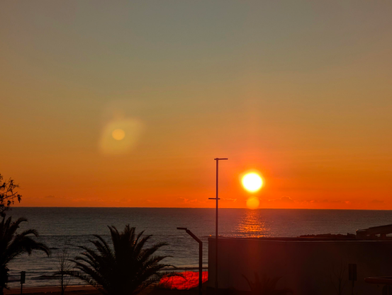 Sunrise over the sea with a bright orange sun just above the horizon, reflecting on calm water. The sky fades from deep orange near the horizon to pale blue higher up. In the foreground, silhouettes of palm fronds, a low building, and streetlights frame the coastal view.