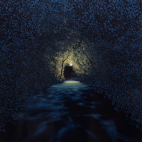 A dark, atmospheric tunnel formed by trees and overhanging foliage, illuminated by soft, ethereal light at the far end. The scene evokes a sense of mystery and tranquility.