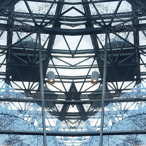 Symmetrical view of a geometric steel and glass ceiling structure with symmetrical branches and hanging lights.