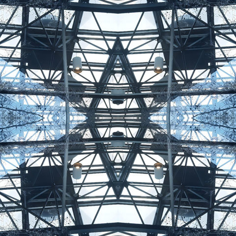 Symmetrical composition of an architectural interior with a glass roof and metal supports, incorporating bare branches that mirror each other, two cylindrical lights are hanging.