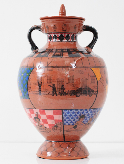 Two ceramic vessels inspired by Wedgewood pottery and Greek amphorae, by Roberto Lugo, featuring black relief imagery of figures walking around, plus graffiti motifs on the bases