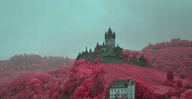 A gothic looking castle with, spikey turrets on a hill in misty weather. Surrounding woodlands are bright pink due to the near infrared technique