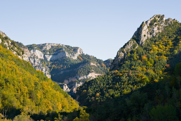 Fotografia de un paisaje. Un cañón entre dos masas montañosas discurre zigzageante. La zona inferior de los montes estan cubiertos de masa forestal con colores verdes y anaranjados del otoño, la esquina inferior derecha esta cubierta por ña sombra. En la parte superior de las estribaciones asoma la roca sobre los bosques. Las montañas se alejan haciendo cada vez mas pequeños los árboles en perspectiva. En la parte superior el cielo despejado recortado por las cumbres.