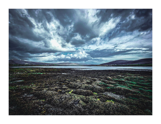 The photo is of the Flaggy Shore. There is a landscape with a dramatic sky, the Atlantic in the background and foreground vegetation. The sky is filled with dark, streaky clouds that seem to radiate outward from a central point. Below the sky, there is the ocean flanked by distant hills on the horizon.
The foreground has dark vegetation (mostly seaweed) It's moody and atmospheric with a high contrasts to show off the shapes and textures.