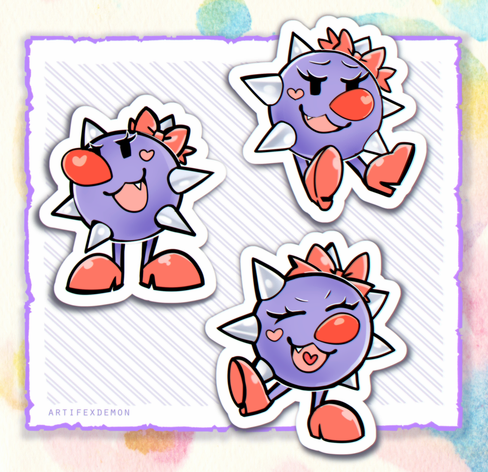 A set of illustrations of Tap-Tap The Princess. She's a lavender spikeball with legs and a face. She is drawn in a Paper Mario TTYD artstyle with a thick "paper" outline. She has a red nose with a heart "shine spot", heart-shaped "blush stickers", pinkish high hells on short stick legs, no arms, shiny white spikes all around her head/body which is just a sphere, and a pink ribbon tied to one of the crowning spikes. She has long eye lashes and wears a sassy face in one image, a confident one in another, hand a happy open mouth smile in the last