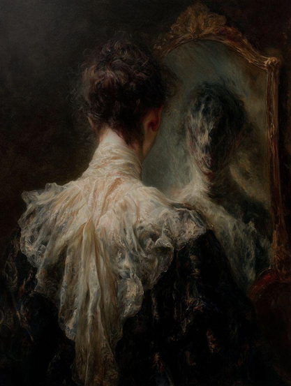 A dark, moody oil painting from a rear perspective of a person with dark hair in an ornate, ruffled white lace collar and dark clothing. They are looking into an ornate gold mirror, but their reflection is a blurred, dark, and featureless void.