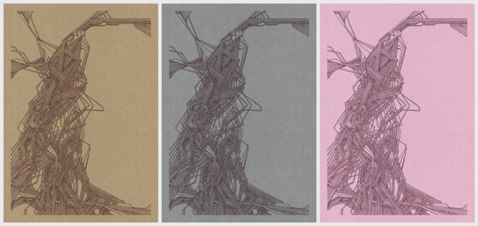 An abstract illustration. Repeated, straight and angular lines form a sort of wooden structure/sculpture that would be impossible to exist in our notion of Euclidean space -- folding in on itself, feeding back on itself.

There are three copies of the illustration, organized in a horizontal line. Each iteration has a different background color -- yellow, green, pink.