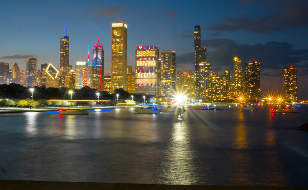 Later in the dusk, a long exposure of the Chicago skyline so the water is blurred.