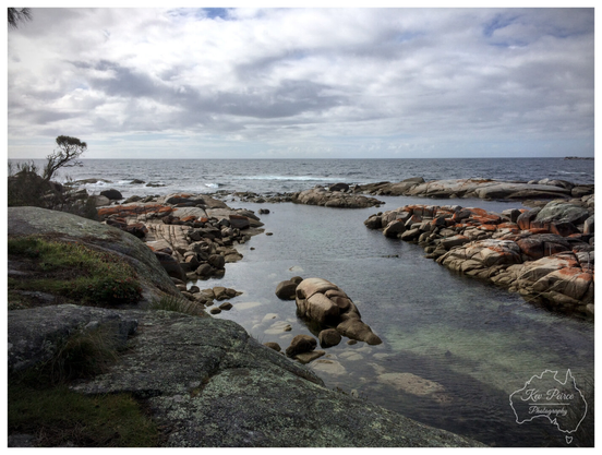A wide landscape shot capturing a calm, clear channel of water flowing between large, scattered granite rock formations at Binalong Bay, Tasmania.

The rocks are marked with vibrant orange lichen, characteristic of the Bay of Fires region. In the foreground, a dark, low lying rock slope leads down to the water.

A small, wind-swept tree is visible on the far left. The channel opens to the deep blue ocean on the horizon under a mixed sky of grey clouds and patches of blue.