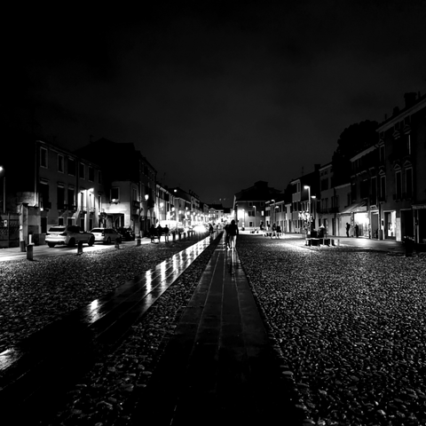 Una strada bagnata dalla pioggia, di notte, riflette le luci del lampioni. In lontananza persone camminano. Foto in bianco e nero.