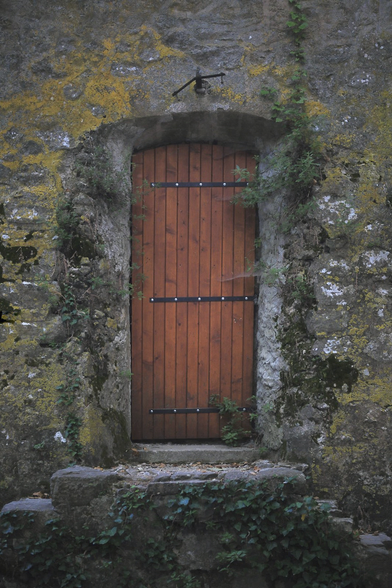 Une vieille porte dans un vieux mur de pierres, avec du lierre et de la mousse jaune, en haut d’une petite volée de 3 ou 4 marches de chaque côté