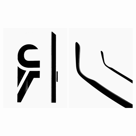 A diptych of exhibiting abstract black and white design featuring stylized shapes resembling a letter and curved lines, evoking a modern artistic flair.