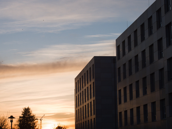 Sunset reflected in buildings