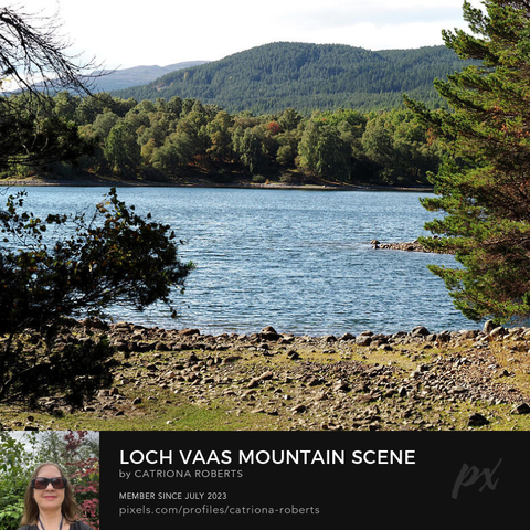 Coloured photograph featuring the design- 

Loch Vaa's Mountain Scene.

I took this photo during a lovely summer nature walk through the Scottish Highlands. 

Features a serene Loch Vaa surrounded by lush forests and distant mountains. 

Sunlight reflects off the water.

Click links on the main post for options.
