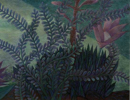 The Fox in the Forest
Caught in a beam of sunshine, a blaze of orange streaks past as a fox dashes quietly though the blue green forest. Pink, purple and deep teal bloom in flowers and leafy plants in the foreground. (partial image)