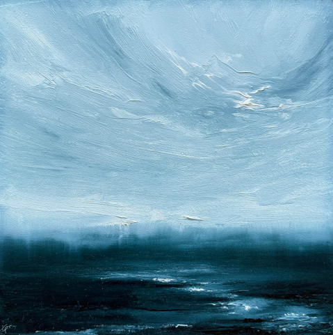 Original seascape oil painting by Tisha Mark, "To Dream by the Sea No. 2511" 6"x6" oil on Ampersand Gessobord (2025). The painting is an atmospheric textured seascape with white cloud formations over a dark blue sea.