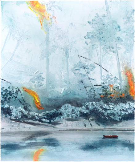 a painting of a forest fire amid snow near a body of water by Alexis Rockman