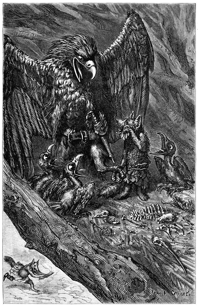 A mother eagle and her offspring are about to feast on a young, crying fox trapped in their nest, which is littered with the bones of former victims.