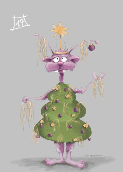 Zeichnung im Comic-Stil vor grauem Hintergrund. Im Zentrum des Bildes steht aufrecht auf zwei Beinen ein rosa, pelziges Alien. Sein Kopf hat Ähnlichkeit mit einem niedlichen Marder, mit Fühlern. Das Alien trägt eine großen gelben Stern als Kopfschmuck und ein grünes Pappkostüm, welches aussieht wie ein Christbaum mit lila Kugeln und gelben Sternen. An seinem linken Fühler trägt es ebenfalls eine lila Christbaumkugel. Es ist reichlich mit goldenem Lametta behängt. Oben links im Bild steht eine weiße 19.