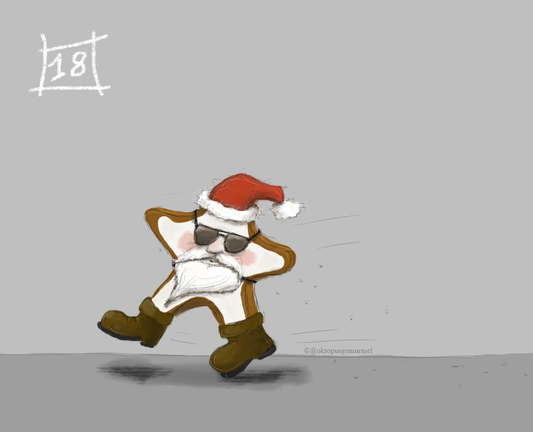 Zeichnung vor grauem Hintergrund im Comic-Stil. Ein Zimtstern gekleidet mit Weihnachtsmannmütze, schwarzer Sonnenbrille, unechtem Weihnachtsmannbart und braunen Stiefeln läuft stacksig  Richtung linker Bildseite davon. Im oberen linken Teil des Bildes befindet sich eine weiße 18.