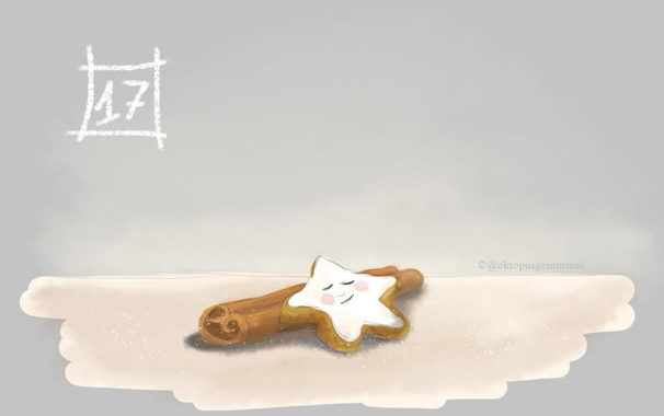 Zeichnung vor grauem Hintergrund im Comic-stil. Ein Zimtstern liegt schlafend, angelehnt an eine Zimtstange. Oben links im Bild steht in weiß die Zahl 17.