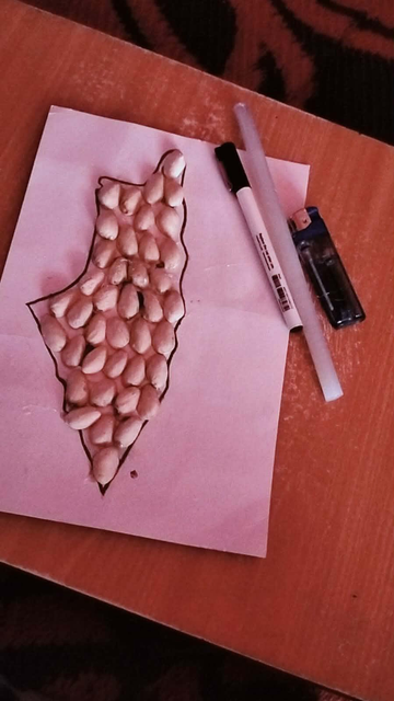 A paper cutout of a map filled with pistachio shells on a pink paper, with a black marker, glue stick and a lighter next to it on an orange table.