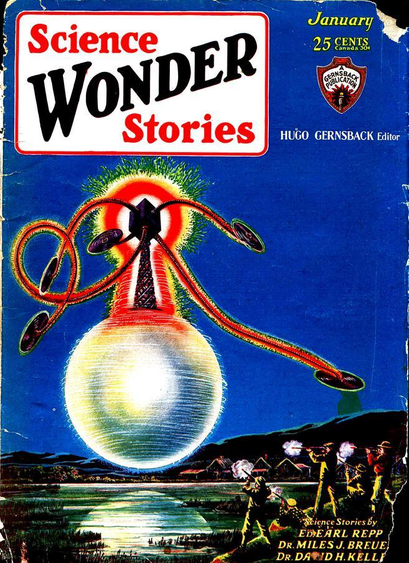 A huge spherical shining object, possibly rotating, is hovering over a body of water. On top of it a radio-tower-like outlined in red and yellow light is sending out long red feelers with disks on the end. Human figures are shooting at this object from the shore in the foreground.
Science Wonder Stories magazine cover from 1930.
