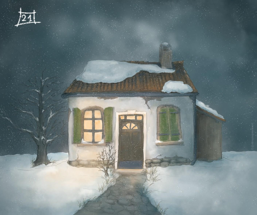 Zeichnung eines kleinen Hauses in einer verschneiten Winternacht.  Das Haus hat zwei große Fenster mit grünen Fensterläden. Das Fenster rechts im Bild, ist mit den Fensterläden geschlossen, das andere verströhmt gemütlich warmes Licht. Mittig zwischen den Fenstern ist eine braune Tür mit eingelassenen Glasscheiben im oberen Teil, auch hier ist Licht zu sehen. Ein Natursteinweg führt zentral zur Tür hin. Auf der einen Seite hat das Haus ist einen Holzanbau, auf der anderen Steht ein kahler Baum. Das Haus wirkt alt (es ist leicht schief, teilweise sind Schäden im Putz zu erkennen, die Ziegel sind alt) . Eine weiße 21 steht im linken oberen Eck des BIldes.