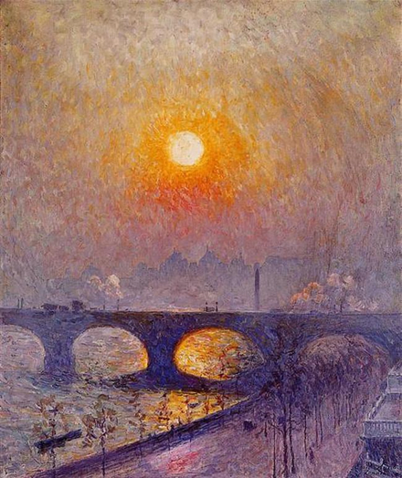 An evocative scene of the setting sun over a low multi-arched bridge over the Thames with a long, narrow rowing boat silhouetted against the river, the embankment, traffic crossing the bridge, and city buildings in the distance. The sun is a hot yellow, with an orange halo around it, the river reflects golden highlights in the dusky air.