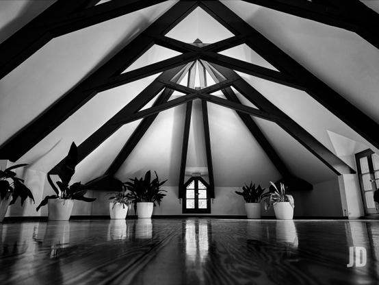Fotografía artística en blanco y negro que destaca por su fuerte geometría y simetría.
La imagen muestra el interior de una habitación abuhardillada con un techo alto y angulado. Grandes vigas oscuras convergen hacia el centro, creando un patrón visual que guía la mirada hacia arriba.
En el suelo de madera brillante, que refleja la luz, hay varias plantas en macetas blancas alineadas de forma simétrica. Al fondo, se observa una pequeña ventana de arco que sirve como punto focal.
El uso del alto contraste y el plano contrapicado (desde el suelo) acentúa la sensación de amplitud y orden, dándole un toque moderno y minimalista.