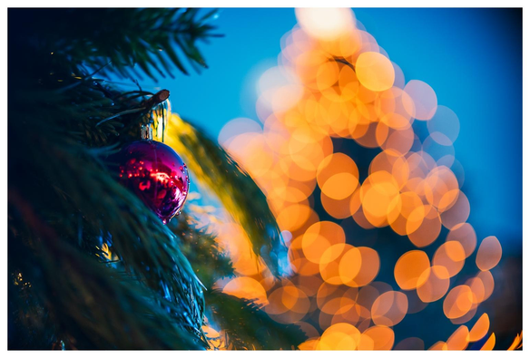 Christbaumkugel an Christbaum, dahinter ein Bokehlball-Christbaum.