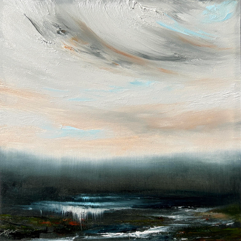 Original oil painting by Tisha Mark, "Drifting Toward Winter" 6"x6" oil on Ampersand Gessobord (2025). Painting of a loosely painted abstract-leaning atmospheric seascape with earth tones on a dark shore. The sky has orange and gray tones with hints of blue.