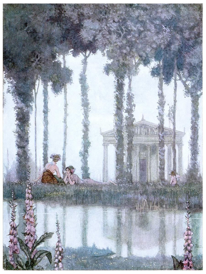 Two young women are engaged in leisurely conversation on a riverbank dotted with flowers and trees, with an ancient temple standing in the background.