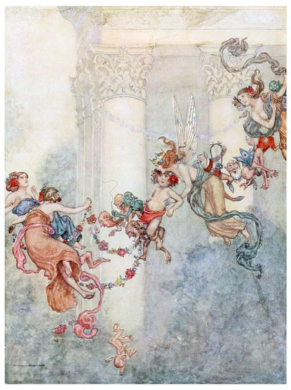 The Fairy Queen is larking about in mid-air with some companions, while the columns and architrave of an ancient temple can be seen in the background. She holds a young child, while other the fairies play with flower garlands.