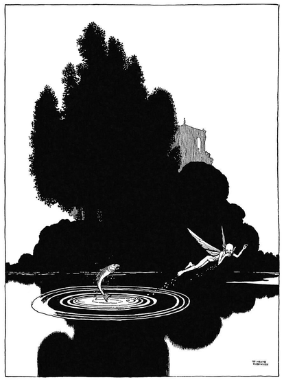 A fish leaps out of a pond, which is overshadowed by a clump of trees, in an attempt to catch Puck as he flies away.