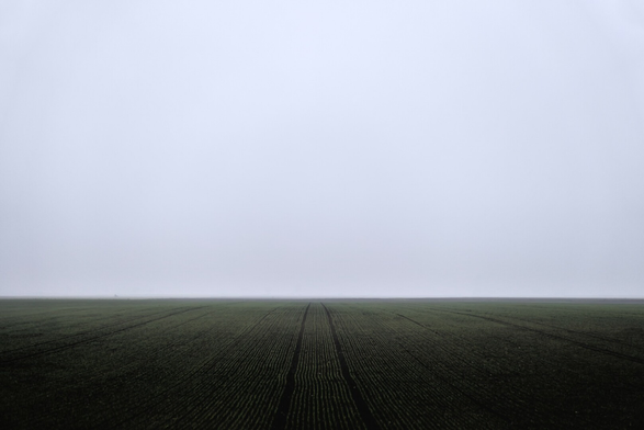 Das Foto zeigt eine weite, flache Ackerlandschaft unter einem dichten, grauen Himmel. Am Boden sind feine Linien der eingesäten Felder und zwei dunklere Fahrspuren zu sehen, die in der Mitte in die Ferne führen und im Nebel verschwinden. ----------- The photo shows a vast, flat field under a dense, gray sky. On the ground, there are fine lines of the sown crops and two darker tracks in the middle leading into the distance and disappearing into the fog.