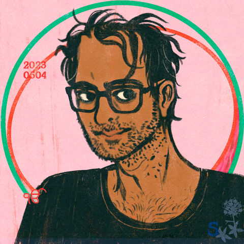 its me, looking like a cheeky swine. Brown, stubble, glasses and messy thinning hair . two rings behind me, some hints of flowers and an ik onkar symbol. The background is pink