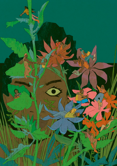 a woman peers through some foliage into flowers, where small fairy-like figures relax and enjoy eachothers company in the petals and leaves