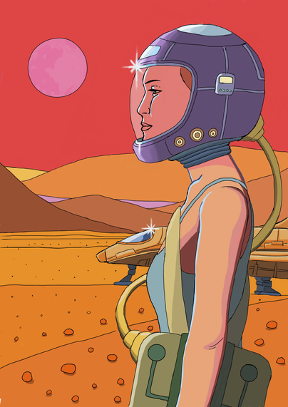 A woman stands on a alien planet with hills behind here and a red sky above. You can see here spaceship behind her. Drawing in the ligne claire style.