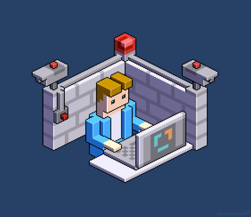 Isometric pixel artwork, showing a character sitting behind a laptop, surrounded by security measures, such as a wall and cameras.
